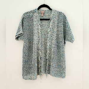 CHICO'S Crocheted Knit Layering Vest Sweater Fringed Frayed Trim Blue Grey Mix